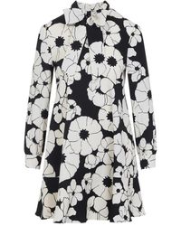 Celine - Zwarte Wol Bloemen Mini Jurk - Lyst