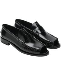 Prada - Schoenen ,Zwart ,Leer Brushed Leather Peep-Toe Loafers - Lyst
