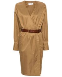 Saint Laurent - Kleedjes ,Bruin ,Katoen Camel Katoenen Twill Midi Jurk - Lyst