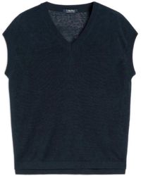Max Mara - Truien & Vesten ,Blauw ,Linnen Ghianda V-Hals Gebreid T-Shirt - Lyst