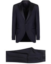 Canali - Kostuums ,Blauw ,Wol Wollen Pak Met Satijnen Reverskraag - Lyst