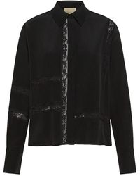 Momoní - Overhemden ,Zwart ,Leer Boxy Zijden Shirt Met Kantinzetten - Lyst
