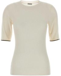 Brunello Cucinelli - Truien & Vesten ,Wit ,Geribbelde Cashmere T-Shirt Met Korte Mouwen - Lyst
