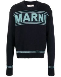 Marni - Truien & Vesten ,Blauw ,Katoen Blauw Logo Katoenen T-Shirt - Lyst