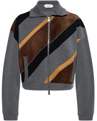 Versace - Truien & Vesten ,Grijs ,Wol Intarsia-Wol & Leren Patchwork Sweatshirt Met Rits - Lyst
