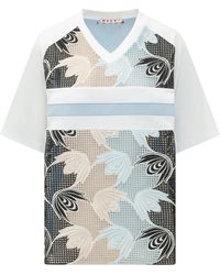 Marni - Tops ,Veelkleurig ,Katoen T-Shirt Met Broderie Anglaise En Bloemen - Lyst