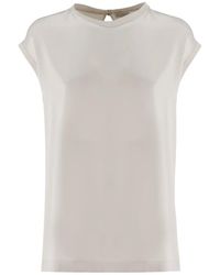 Brunello Cucinelli - Tops ,Wit ,Satijn Zijden Satijnen Top Met Ronde Hals - Lyst