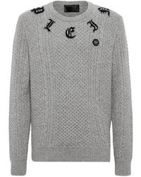 Philipp Plein - Truien & Vesten ,Grijs ,Wol Pullover Ronde Hals Monogram - Lyst