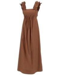 Liu Jo - Kleedjes ,Bruin ,Katoen Maxi-Jurk Met Ruchesmouwen - Lyst