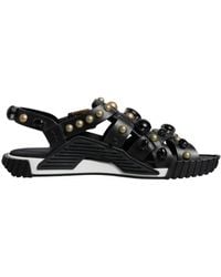 Dolce & Gabbana - Schoenen ,Zwart ,Leer Studded Leren Slide Sandalen Met Logo - Lyst