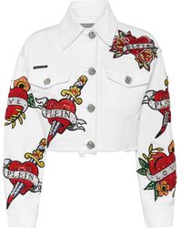 Philipp Plein - Cropped Denim Jacket Love Crystals - Lyst