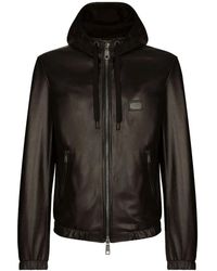 Dolce & Gabbana - Leren Jack Met Capuchon En Logo Label - Lyst