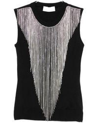 Sportmax - Overhemden ,Zwart ,Gebreide Top Met Kristallen Franjes - Lyst