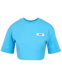 MSGM - Blauw Katoenen Crop T-Shirt Met Logo - Lyst