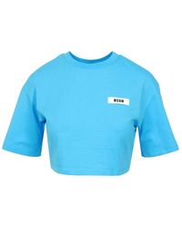 MSGM - Blauw Katoenen Crop T-Shirt Met Logo - Lyst