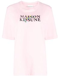Maison Kitsuné - Tops ,Roze ,Katoen Flowers Print Classic Logo T-Shirt - Lyst