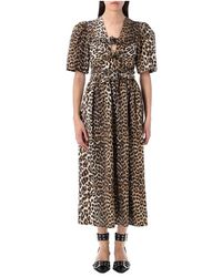 Ganni - Leopardenmuster Kleid Mit Bindeträgern - Lyst