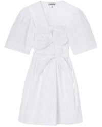 Ganni - Kleedjes ,Wit ,Katoen Stretch Katoen Mini Jurk Met Strikbandjes - Lyst