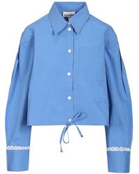 Ganni - Overhemden ,Blauw ,Katoen Shirt Met Kanten Bies En Trekkoordzoom - Lyst