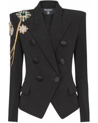 Balmain - Jassen ,Zwart ,Leer Crepe 6-Knoops Jasje Met Geborduurde Patches - Lyst