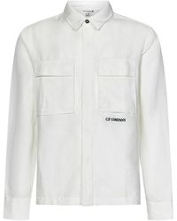 C.P. Company - Camicia in lino bianca con logo ricamato - Lyst