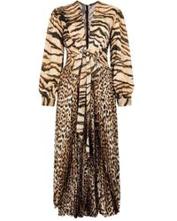 Roberto Cavalli - Kleedjes ,Bruin ,Midi-Jurk Met Dierenprint En V-Hals - Lyst