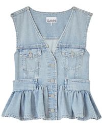 Ganni - Tops ,Blauw ,Peplum Top Met V-Hals - Lyst