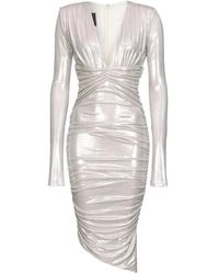 Pinko - Kleedjes ,Wit ,Polyester Metallic Ruched Asymmetrical Dress - Lyst