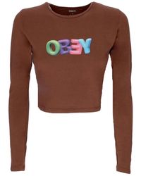 Obey - Tops ,Bruin ,Katoen Bubble Cropped Longsleeve Tee - Lyst