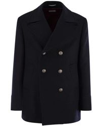 Brunello Cucinelli - Jassen ,Blauw ,Wol Double-Breasted Wool Blend Coat - Lyst