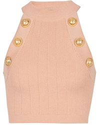 Balmain - Tops ,Polyester Top Met Halternek En Zes Knopen Van Gebreid Materiaal - Lyst