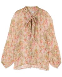 Oltre - Overhemden ,Roze ,Geplooide Blouse Van Viscose Met Strik - Lyst