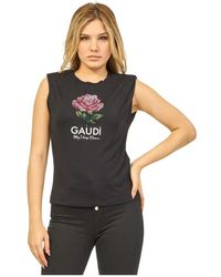 GAUDI - Camiseta negra de jersey elástico con flor de strass - Lyst