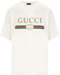 Gucci - Tops ,Wit ,Katoen T-Shirt Van Katoenjersey En Zijde Met Print - Lyst