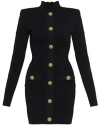 Balmain - Kleedjes ,Zwart ,Polyester Jurk Met Decoratieve Knopen - Lyst