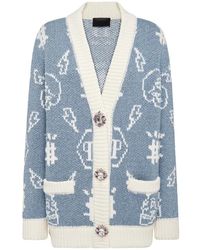 Philipp Plein - Truien & Vesten ,Blauw ,Wol Jacquard Cardigan Monogram - Lyst