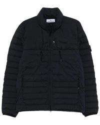 Stone Island - Jassen ,Blauw ,Leer Gewatteerd Donsjack Met Logo - Lyst