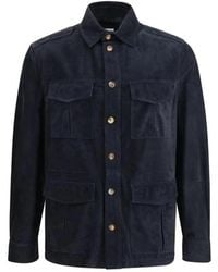 Brunello Cucinelli - Jassen ,Blauw ,Suède Suède Leren Overhemdjas Met Klepzakken - Lyst