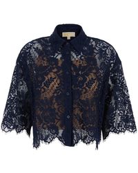 Michael Kors - Overhemden ,Blauw ,Katoen Kanten Bloemen Crop Top Blouse Met Koord - Lyst