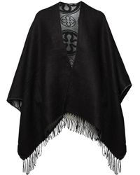 V73 - Jassen ,Zwart ,Polyester Omkeerbare Zwarte Jacquard Cape Met Franjekant - Lyst