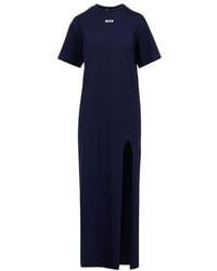 MSGM - Blauwe Katoenen Jurk Met Geborduurd Logo - Lyst