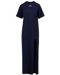 MSGM - Blauwe Katoenen Jurk Met Geborduurd Logo - Lyst