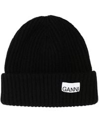 Ganni - Gerippte Beanie Mit Logo-Patch - Lyst
