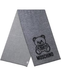 Moschino - Sciarpa grigia in lana con ricamo logo e frange - Lyst