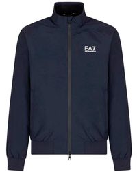 EA7 - Blaue Nylon Bomberjacke Mit Logo-Detail - Lyst