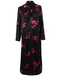 Ganni Floral Print Satin Dress - Zwart