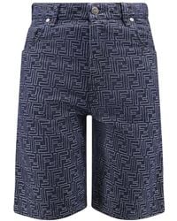 Fendi - Korte Broeken ,Blauw ,Katoen Blauwe Shorts Met Knoopsluiting - Lyst