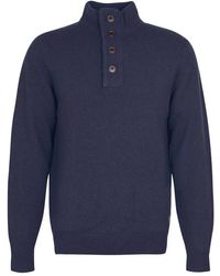 Barbour - Truien & Vesten ,Blauw ,Wol Blauwe Merinowollen Trui Met Alcantara Elleboogstukken - Lyst