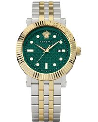 Versace - Accessoires ,Grijs ,Klassiek Roestvrij Stalen Horloge Groene Wijzerplaat - Lyst