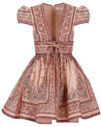 Zimmermann - Rosa leinen- und seidenkleid mit spitzenverzierung,rosa bandana print organza mini kleid - Lyst
